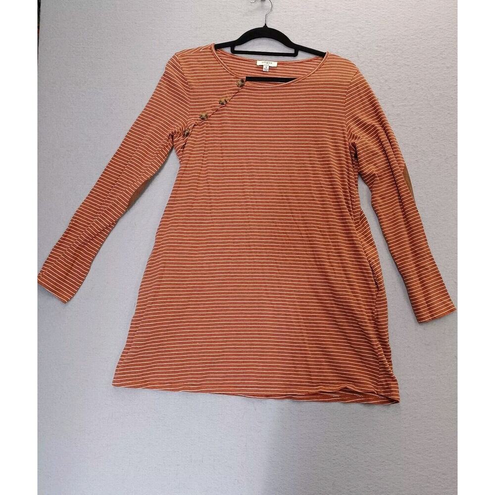 Umgee Women's Medium Tunic Top Orange Brown Striped Elbow Patches Soft Fall
